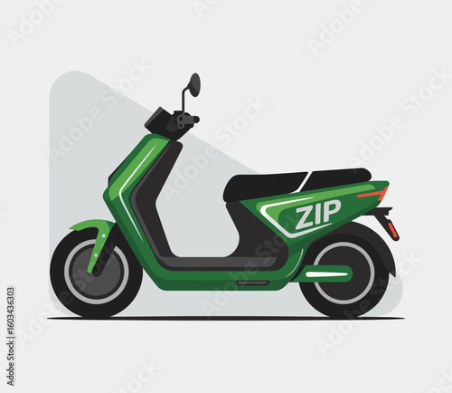 An eye-catching illustration of a green scooter designed for urban transport, promoting eco-friendly travel solutions and modern mobility in urban settings.