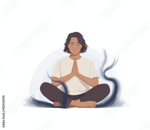 A person sits peacefully in a meditative pose, reflecting a journey of self-discovery and mindfulness. Their serene expression conveys a deep sense of inner peace and clarity.