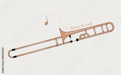 A minimalist illustration features a sleek gold trombone alongside a musical note, symbolizing the beauty and essence of brass instruments and music.