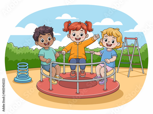 Three children enjoy their time on a merry-go-round at a playground, embodying joy, friendship, and the carefree spirit of childhood in a bright outdoor setting.