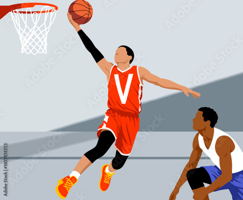 A powerful basketball player leaps gracefully in the air to dunk the ball, capturing the essence of athletic prowess and the excitement of competitive sports.
