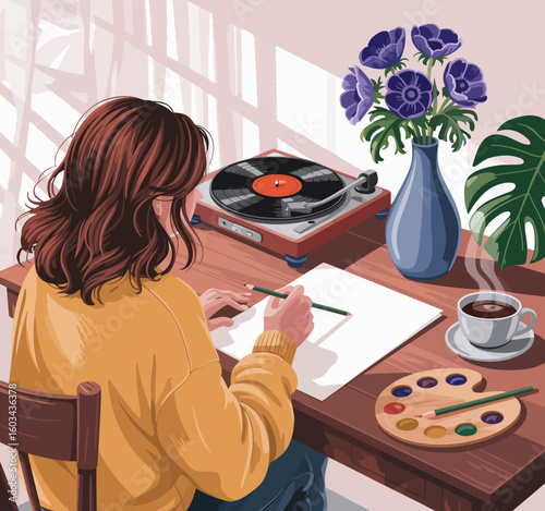 The cozy scene depicts a person illustrating and designing while sipping coffee, revealing a serene atmosphere perfect for creativity and self-expression.