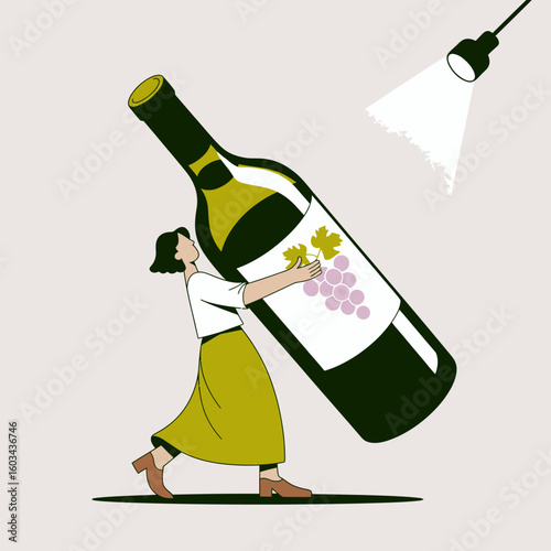 A playful illustration of a stylish woman happily carrying a giant wine bottle, capturing a sense of enjoyment and celebration in a creative and humorous artistic style.