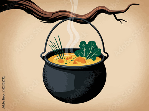A steaming pot of soup filled with vibrant vegetables, cooked over a rustic fire, representing comfort, nourishment, and the warmth of homemade meals shared with loved ones.