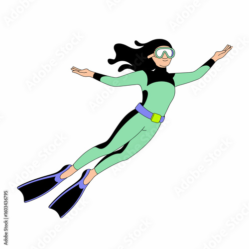 A female diver explores the underwater world, showcasing her sleek diving suit and fins. She is captured mid-swim, highlighting the grace and beauty of diving activities.