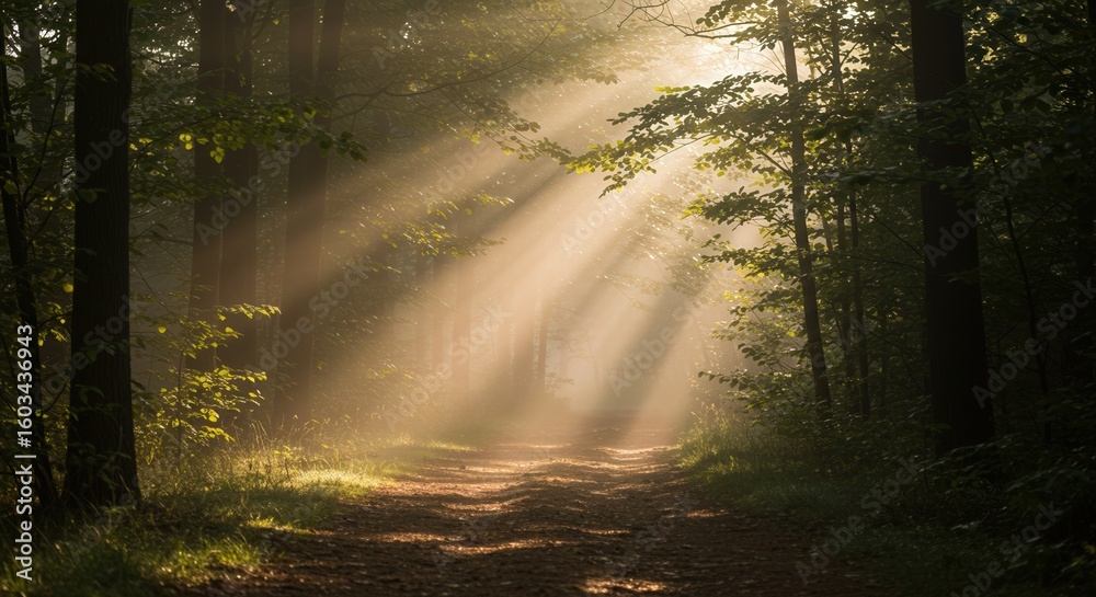 Naklejka premium Sunlight filtering through trees on forest path in morning 
