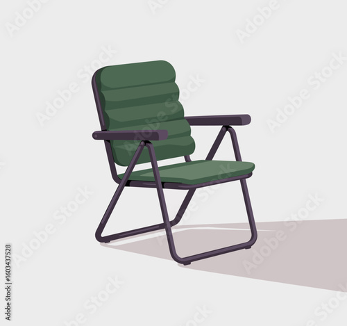 A minimalist design of a green folding chair set against a plain background highlights functionality and simplicity in contemporary furniture design.