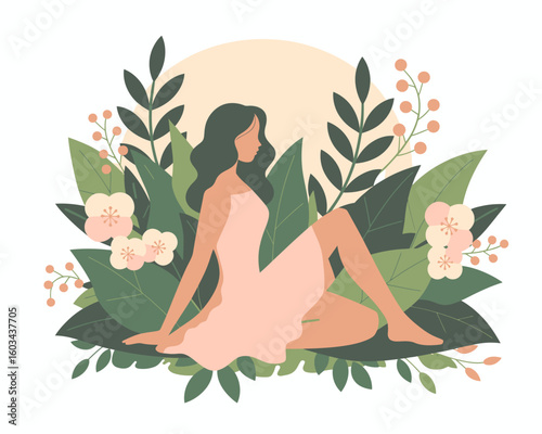 A tranquil illustration of a woman sitting peacefully amidst blooming flowers and lush foliage, capturing themes of relaxation, nature, and serenity.