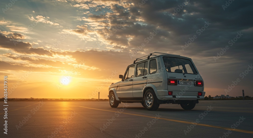 Fototapeta premium a white van driving down a road at sunset