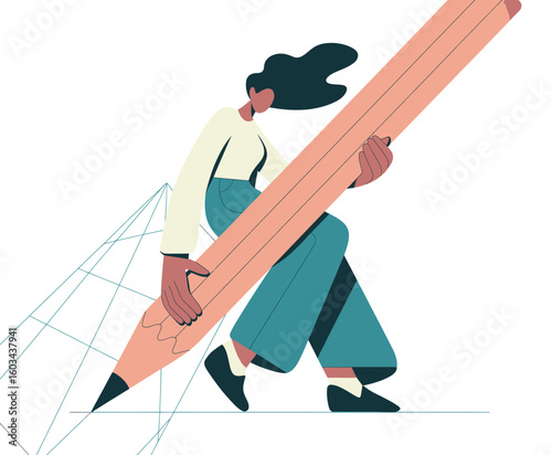 This artistic piece shows a person striding confidently while holding a giant pencil, symbolizing creativity, inspiration, and the power of ideas capturing the essence of artistic expression.