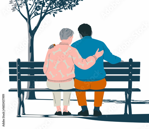 An illustration of an elderly couple affectionately seated on a park bench, reflecting companionship and the warmth of shared memories in a peaceful, serene setting.