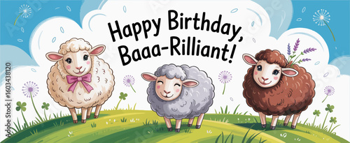 Adorable cartoon sheep celebrate a birthday with the text 'Happy Birthday, Baaa-Rilliant!' bringing delightful whimsy and joy to any young celebrant's special day.