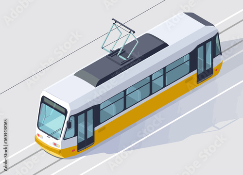 A sleek, modern yellow tram elegantly displayed moving along track lines, representing urban transportation, innovation, and progress in public transport systems.