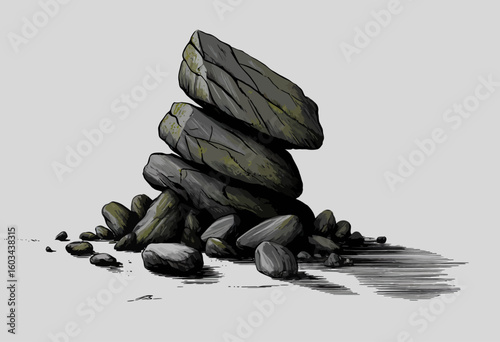 This artistic representation of balanced rocks showcases the beauty of nature's formations, evoking feelings of stability, perseverance, and artistic expression in minimalist style.