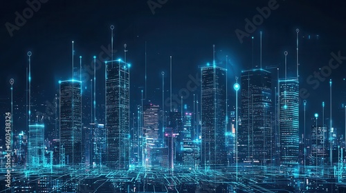 Illuminated skyscrapers and high rise buildings creating a dynamic technologically advanced cityscape against a dark night sky