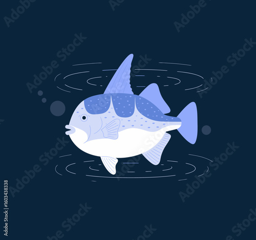 A charming cartoon fish swimming gracefully in dark waters demonstrates a playful perspective on aquatic life, blending creativity with simplicity and fun design.