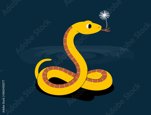This playful illustration features a cartoonish yellow snake holding a delicate dandelion, representing curiosity and lightheartedness against a dark backdrop.
