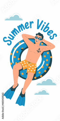 A carefree man lounges in a pool, soaking in summer vibes while wearing swim gear and fins, representing leisure, relaxation, and the joy of sunny days by the water.