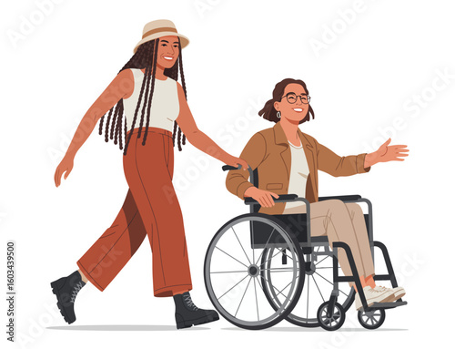 Two women are shown walking together, with one in a wheelchair, representing friendship, support, and the importance of inclusion and accessibility in society.