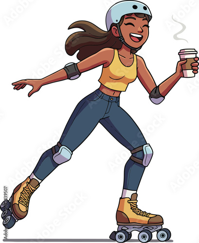 Woman roller skating with coffee cup holding casual urban leisure activity vector illustration 