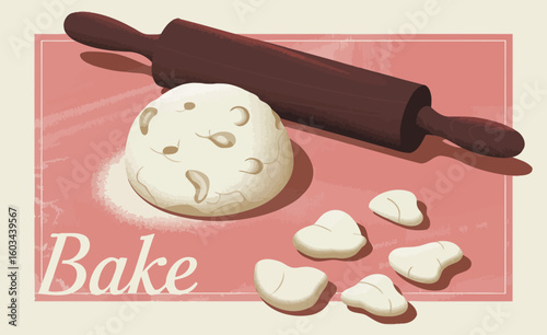 An artistic representation of baking essentials, featuring dough and a rolling pin against a vibrant backdrop, symbolizing creativity, culinary art, and joy in cooking. Perfect for kitchen decor.
