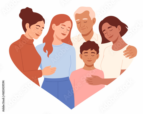 An illustration of a multi-generational family coming together in a warm embrace, symbolizing love, unity, and the bond shared among family members across different ages and backgrounds.