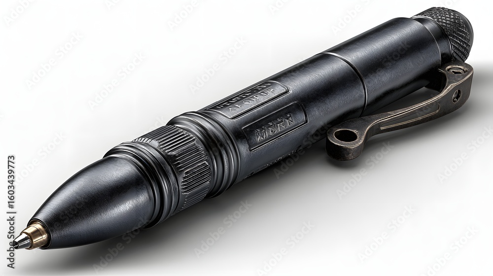 A black tactical pen with a textured grip and metal accents. A black tactical pen with a textured grip and metal accents.