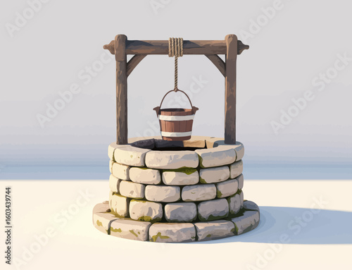 The image showcases a rustic stone well with a wooden bucket, reflecting traditional craftsmanship and evoking a sense of nostalgia and simplicity in rural life.