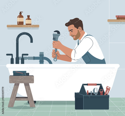 An engaged plumber is focused on fixing plumbing issues in a modern bathroom, showcasing essential tools and the importance of home maintenance and repairs.
