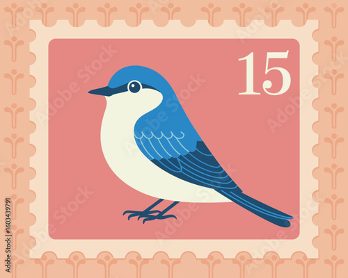 This artistic stamp design showcases a stylized bird in beautiful blue hues. It's a striking visual representation of creativity and the elegant form of avian life.