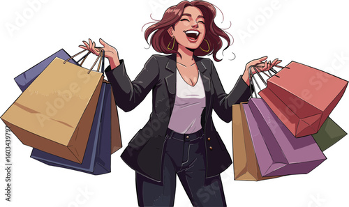 Woman enjoying shopping spree with multiple colorful shopping bags in casual outfit vector illustration 