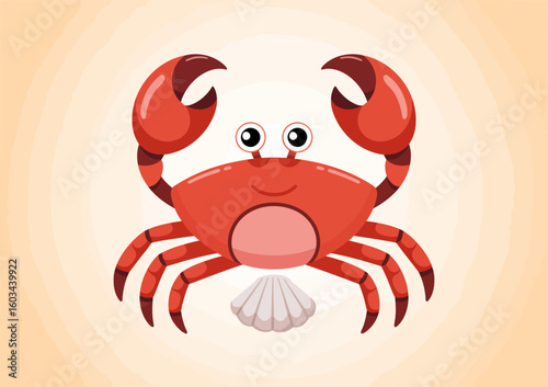 A vibrant and adorable cartoon crab smiles broadly, reflecting a joyful character in a simplistic yet cheerful artistic style perfect for various children's themes.