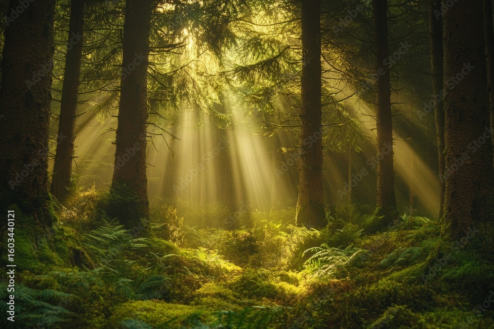 Fototapeta premium The coniferous forest, early in the morning, is filled with the sun's rays that filter through the fog and branches, amidst saturated green ferns and other plant life