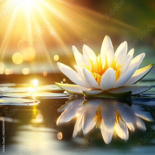 A serene and elegant white lotus flower blooms peacefully amidst the calm waters of a natural setting