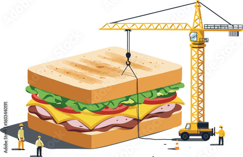 Construction crane building giant sandwich with bread meat cheese and vegetables vector illustration 