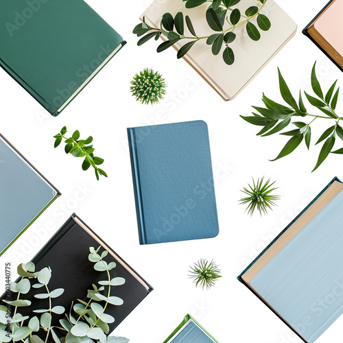 Assorted books and plants arranged artfully on a dark background