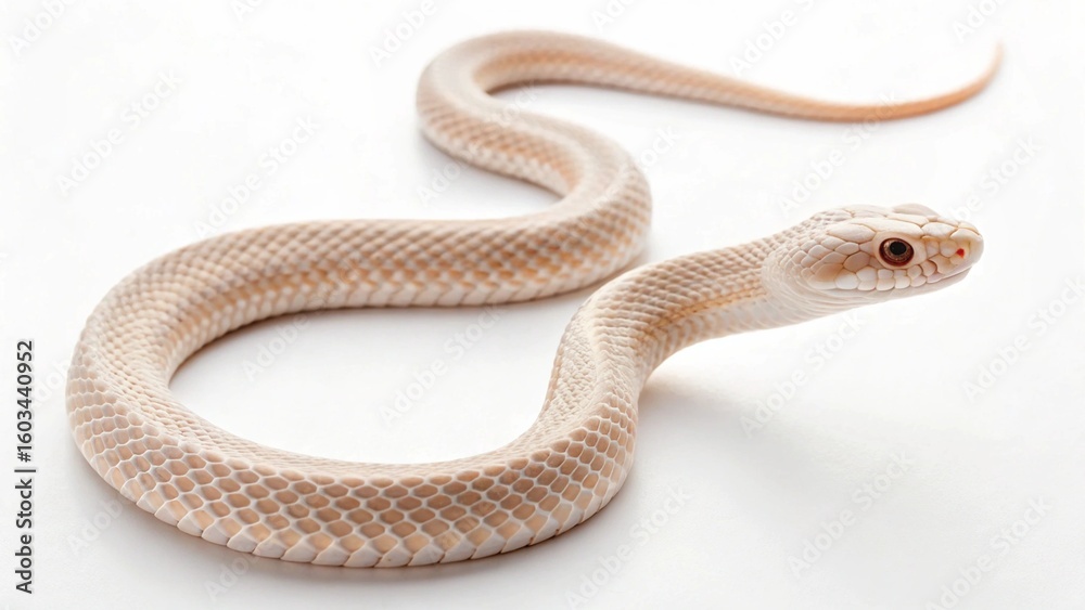 Fototapeta premium A mesmerizing albino or leucistic Western Hognose snake, with delicate light beige and pink hues, elegantly coiled on a pristine white surface, showcasing its unique scales