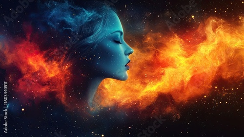 Cosmic Dreamscape: Woman's Profile in a Nebula of Stars and Colors Abstract Artistic