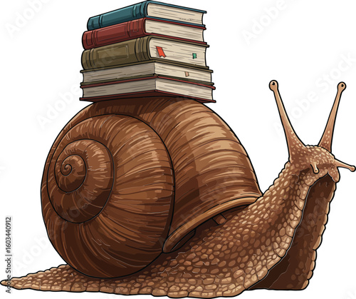 Snail carrying stack of books on shell representing slow reading and learning concept vector illustration 
