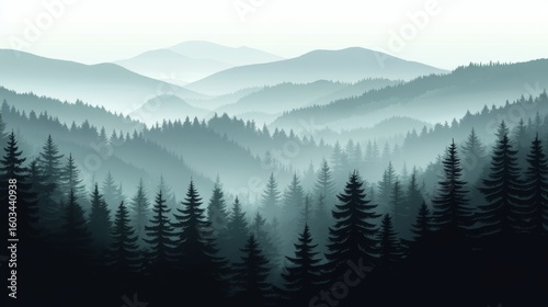 The scene of a misty forest with silhouetted trees and a light grey sky is captured in this modern illustration