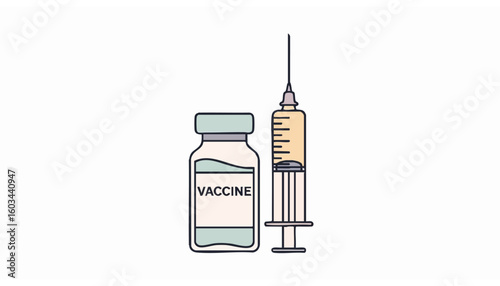 Medical illustration of a vaccine vial and syringe, symbolizing essential immunization, global health protection, and scientific innovation in disease prevention efforts.