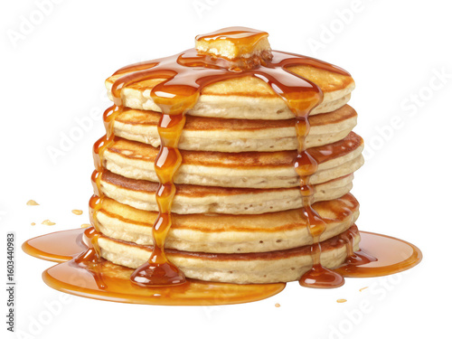 Delicious stack of pancakes drizzled with maple syrup and butter isolated on transparent background