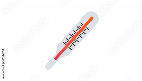 A simple medical thermometer icon with a high temperature reading. Concept of fever,sickness, and healthcare diagnostics on a white background.