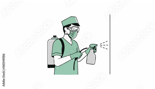 Professional worker in protective equipment sanitizing a surface, a concept illustration for disease prevention and public health.