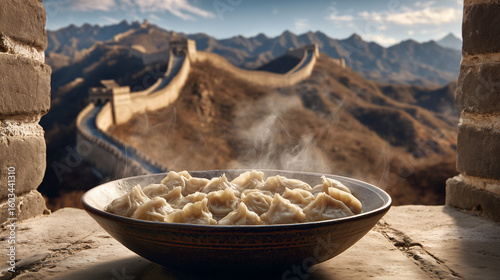 A bowl of dumplings steaming against the backdrop of the great wall of china on a stone ledge