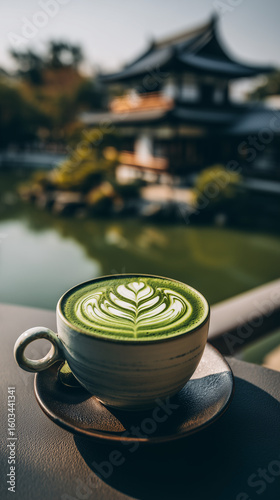 A cup of matcha latte art with a building and water in the background on a sunny day outside