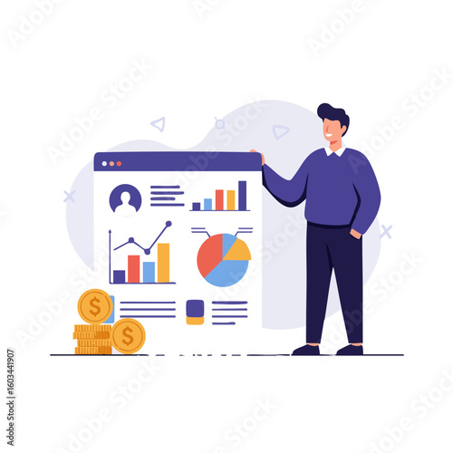 Vector illustration of person holding client chart on white background