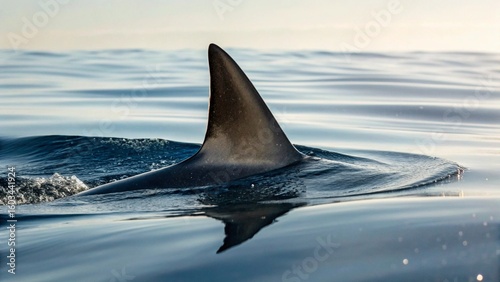 The ominous dorsal fin of a large shark breaks the surface of the shimmering ocean, creating ripples that suggest powerful movement beneath, against a dramatic, sunlit sky.
