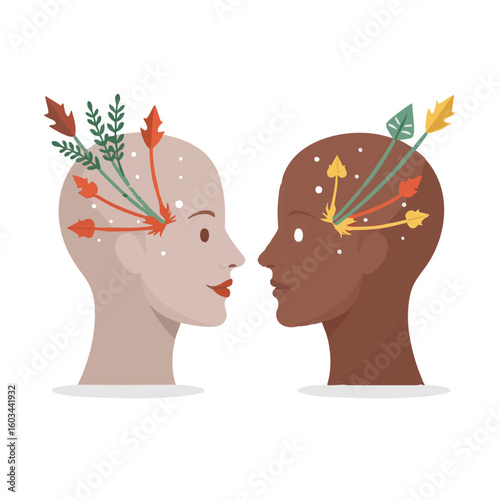 Vector illustration of two heads with arrows concept style on white background, decision making
