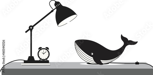 Whale figurine on desk with lamp and alarm clock vector illustration in black and white simple style 